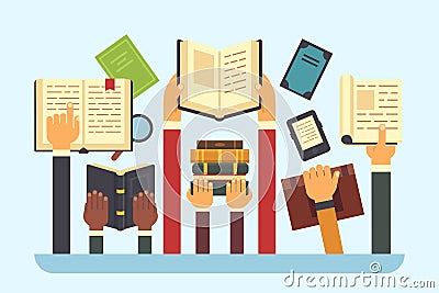 Books in hands. Reading library book. Hand holding textbook, read and education flat vector illustration Vector Illustration