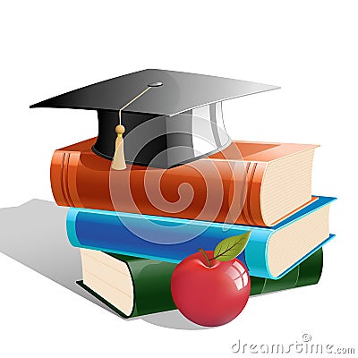 Books with hat and apple Vector Illustration