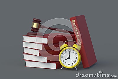 Books with inscription back to school near judge gavel and alarm clock. Education system rules Stock Photo