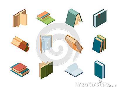 Books isometric. Library symbols school items opened and closed diary magazines and books vector collection Vector Illustration