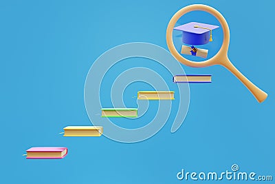 Books ladder of education. Academic graduate cap in magnifying glass. Success in achieving learning goals.3d rendering Stock Photo