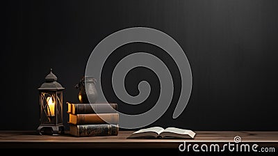 Books with lamp on the table, on gray wall background Stock Photo