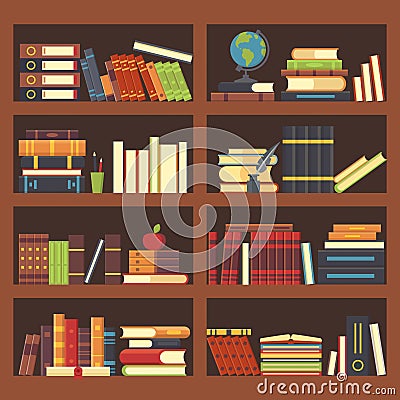 Books in library bookcase. Encyclopedia book at bookshelf. Pile textbooks and magazines at bookshelves vector background Vector Illustration