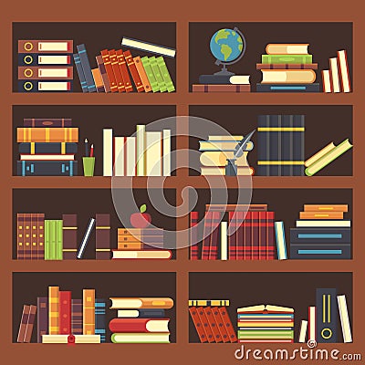 Books in library bookcase. Encyclopedia book at bookshelf. Pile textbooks and magazines at bookshelves vector background Cartoon Illustration