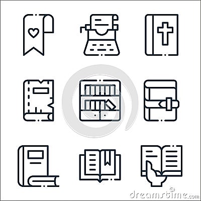 books line icons. linear set. quality vector line set such as book, book, book, bookcase, bible, typewriter Vector Illustration