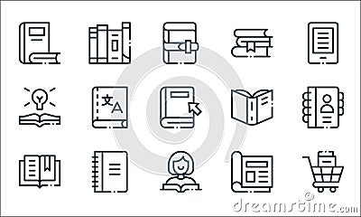 books line icons. linear set. quality vector line set such as shopping cart, reader, book, magazine, notebook, book, book Vector Illustration