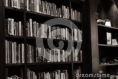 Books lining wall on shelves in traditional room Editorial Stock Photo