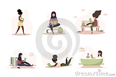 Books lovers. Cute reading women holding books. Preparing for examination or certification. Knowledge and education Vector Illustration