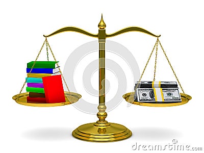 Books and money on scales. Isolated 3D Stock Photo
