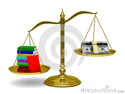 Books and money on scales. Isolated 3D Stock Photo