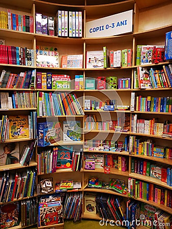 Books for preschoolers at Carturesti bookstore in Bucharest Editorial Stock Photo