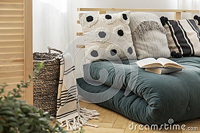 Books on scandinavian green futon with pillows, real photo Stock Photo