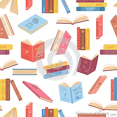 Books seamless pattern. Opened book, notebook stacks. Literature background, library or reading market. Bookstore or Vector Illustration