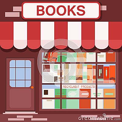 Books shop facade vector background building architecture with urban exterior bookstore flat style center graphic Vector Illustration