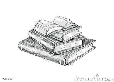 Books stack hand drawing vintage style black and white line Vector Illustration