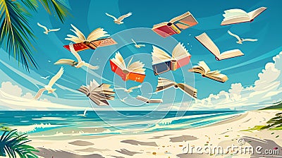 Books for Summer: Various books are flying through a typical summer beach scenery Stock Photo