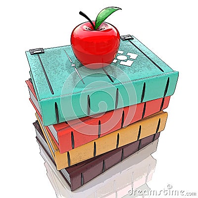 Books tower with red apple isolated on white background Cartoon Illustration