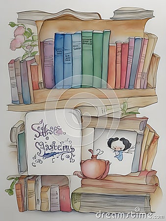Books in watercolor drawings small cartoon 3D delicate cute in watercolor drawings watercolor white background pastel colors Stock Photo