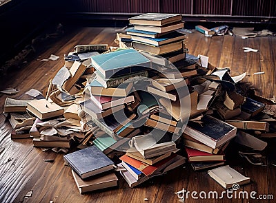 books on wooden table in style of structured chaos Stock Photo