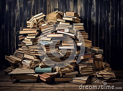 books on wooden table in style of structured chaos Stock Photo