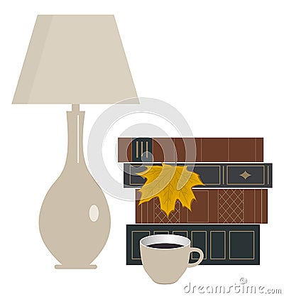 Books, yellow maple leaf, lamp and cup of coffee. I love to read in autumn, concept Vector Illustration