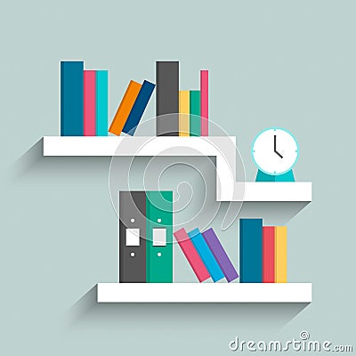 Bookshelf with colorful books and clock on blue pastel color background. Vector Illustration