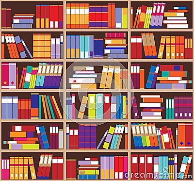 Bookshelf background. Shelves full of colorful books. Cartoon Illustration