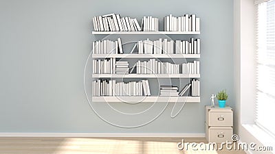 Bookshelf in empty room 3d illustration clean reading room with Cartoon Illustration