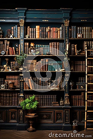 Bookshelf filled with a variety of books in a cozy home library Stock Photo