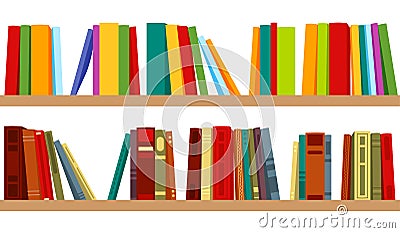 Bookshelf library interior wall colorful flat set Vector Illustration