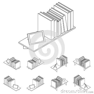 Bookshelf line. Wooden shelf with colorful books and photo frame. Room interior design. Vector Illustration