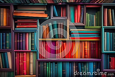 bookshelf overflowing with books, each one a different color and size Stock Photo