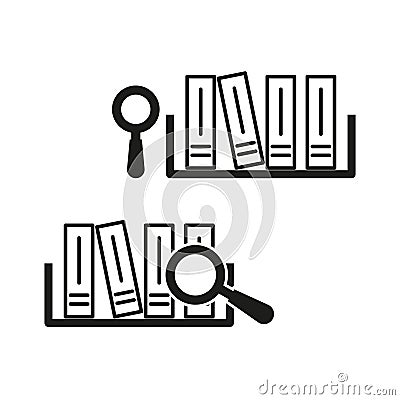 Bookshelf search icons. Magnifying glass symbol. Vector library concept. Simple reading shape. Vector Illustration
