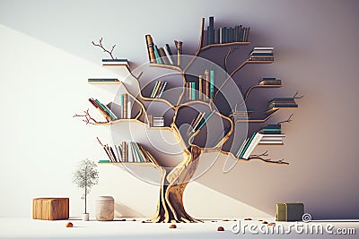 Bookshelf shaped like tree with many books on it's shelves. Generative AI Stock Photo