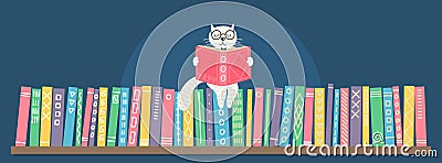 Bookshelf with sitting hand drawn fantasy white cat reading book. Vector Illustration