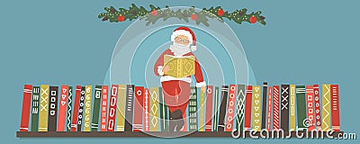 Santa Claus reading book on bookshelf Vector Illustration