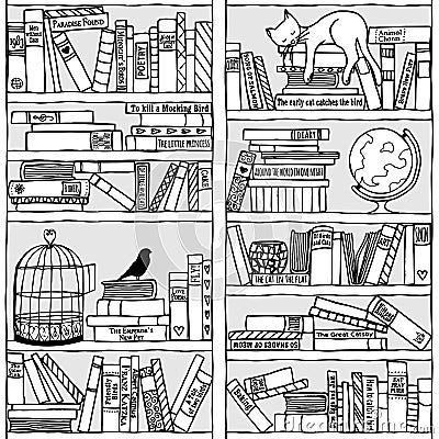 Bookshelf with sleeping cat (seamless pattern) Vector Illustration