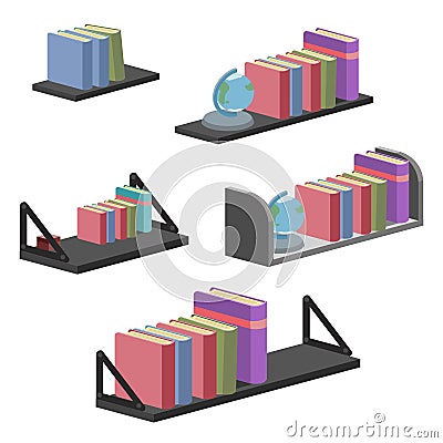 Vector illustration of five wall bookshelf with different designs, dark in color and containing books of various colors Vector Illustration