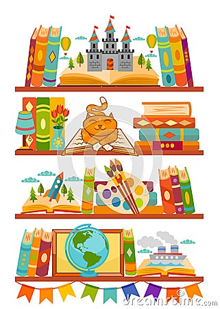 Bookshelves with books in room interior. Home library with literature, fairy tales school textbook education training vector illus Cartoon Illustration
