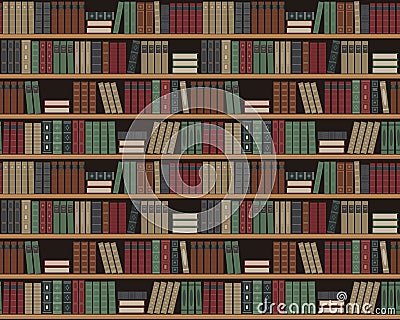 Bookshelves with books. Seamless background. Old books on the shelves. Library Vector Illustration