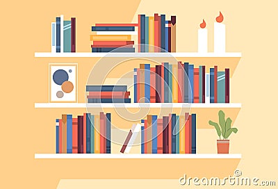 Bookshelves with books standing on them. Home library or bookstore with candies and plants in pots on shelves Vector Illustration