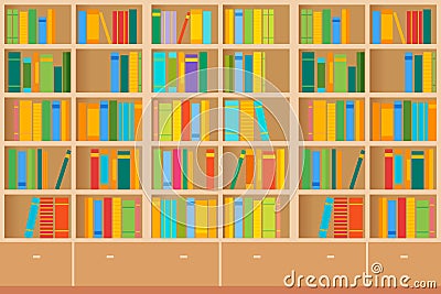 Bookshelves full of books both in the library. Vector illustration Cartoon Illustration