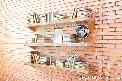 Bookshelves on red brick Stock Photo