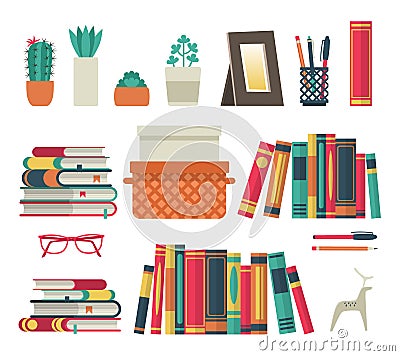 Bookshelves set. Flat shelf book in room library, reading book office shelf wall interior study school isolated Vector Illustration