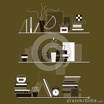 Bookshelves with a set of textbooks and literature, gift bags, alarm and other interior items Vector Illustration