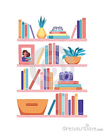 Bookshelves vector wall design for bestsellers in store, classroom, office, library, school, house interior. Vector Illustration