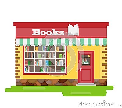 Bookshop, bookstore facade. Vector illustration Cartoon Illustration