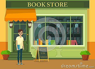 Bookshop showcase with literature and young buyer Vector Illustration