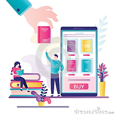 Bookstore application on smartphone screen. Man client purchase book online. Big hand give book to male customer Vector Illustration