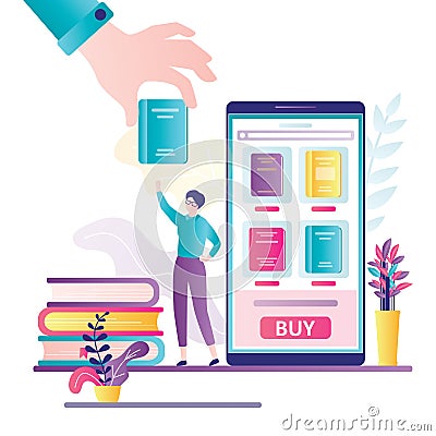 Bookstore application on smartphone screen. Woman client purchase book online. Big hand give book to female customer Vector Illustration
